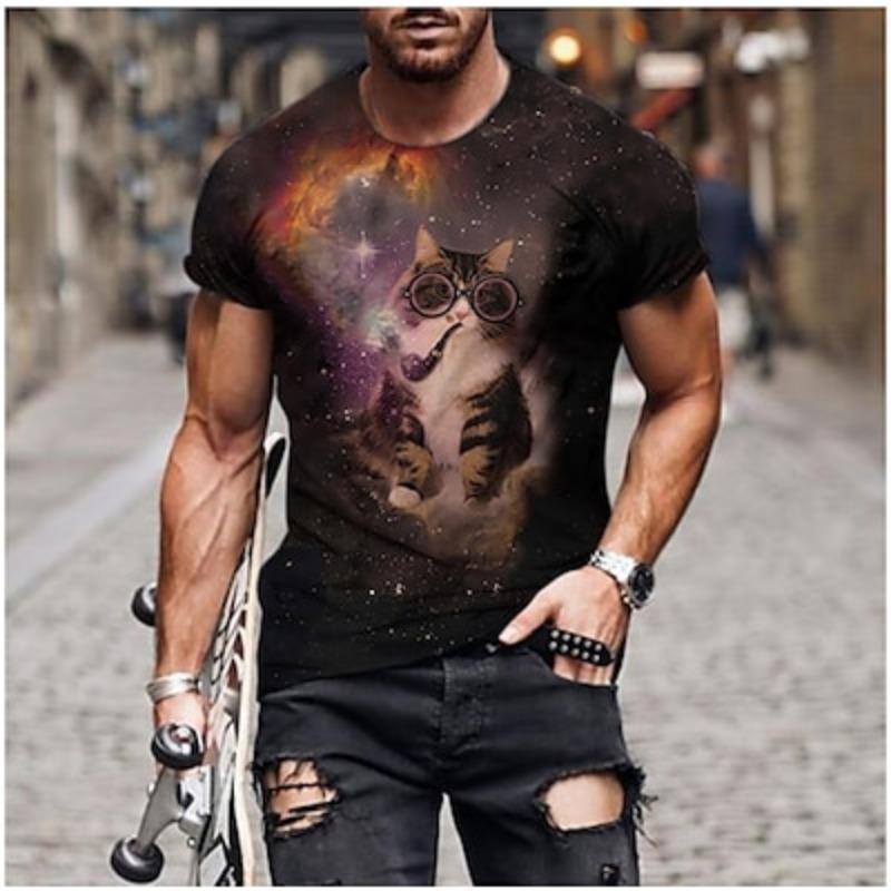 Men's Animal Cat T-shirt Funny T-shirt Short Sleeve T-shirt 3D Printed Captain Neck Shirt Designer Basic Slim Casual Daily