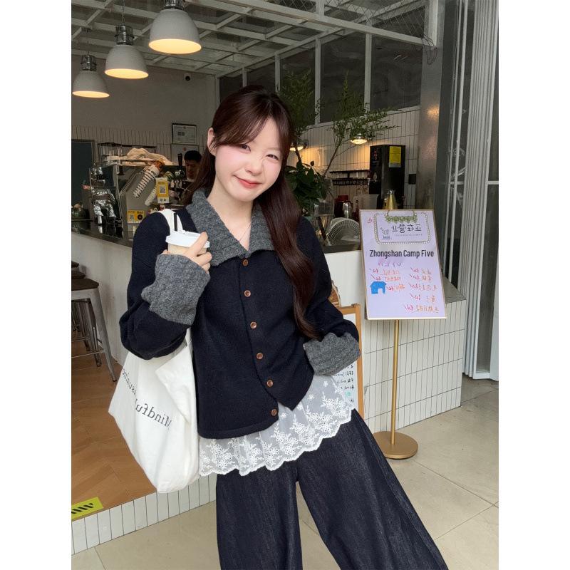 

Вязаный кардиган в корейском стиле с отложным воротником в полоску для женщин One Size