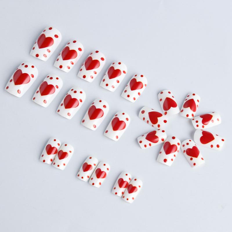 Valentine's Red Heart Glossy Medium Square Detachable False Nails Set (24 pcs) – Wearable Festival Nail Art