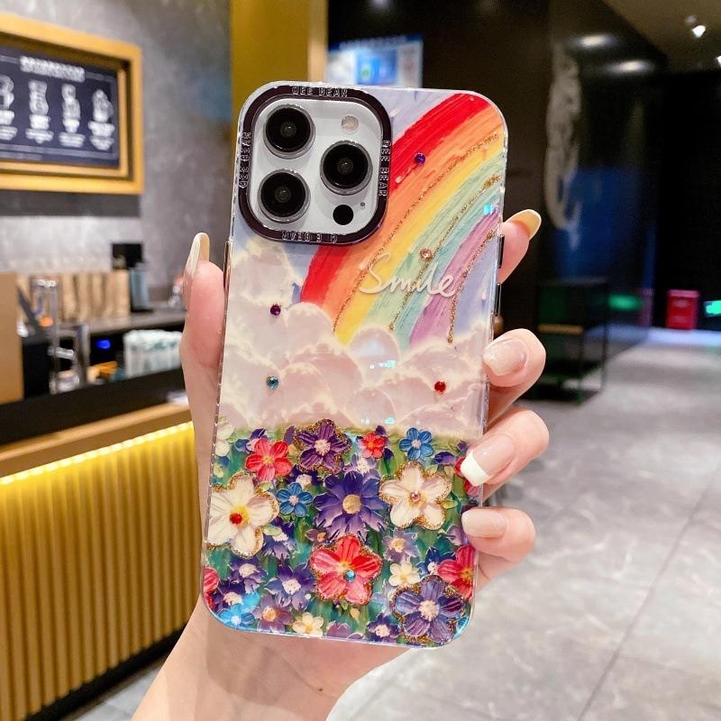 Rhinestone Rainbow Flower Phone Case With Bracelet For Samsung S25 Ultra Iphone 16 Pro Max