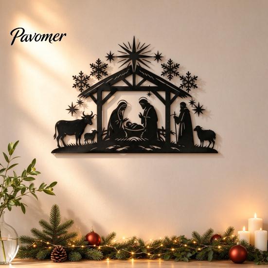 Iron Wall Hanging Art Nativity Scene Silhouette Decoration, Metal Manger Ornament for Indoor Waterproof Christmas Yard Sign and Outdoor Home