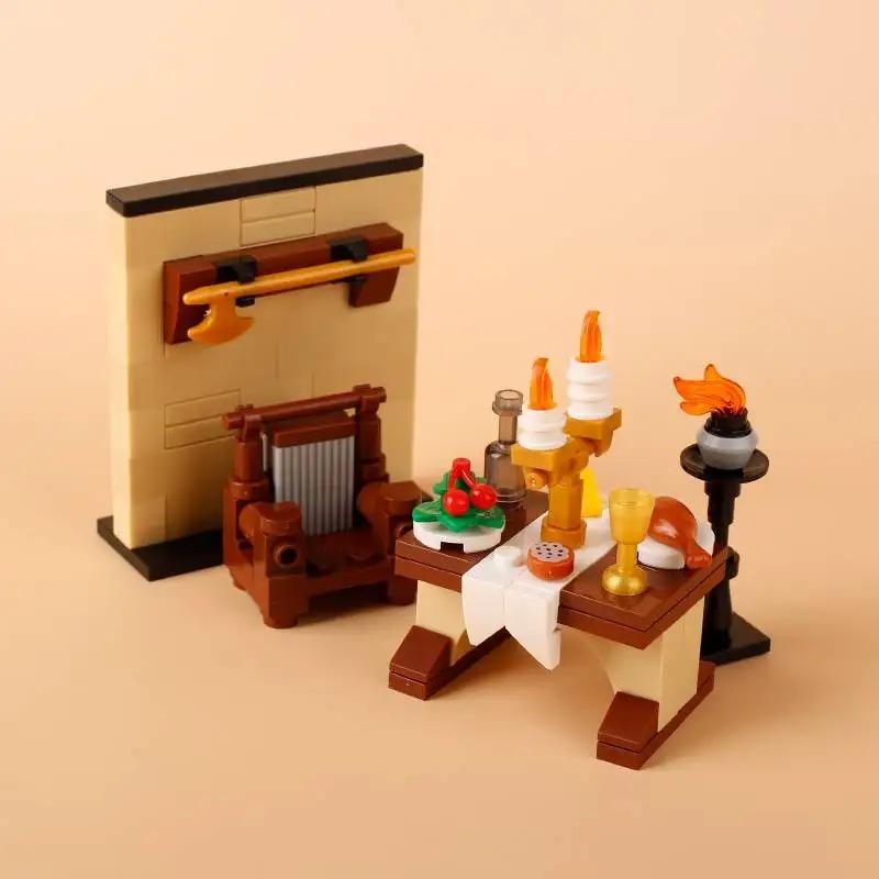 MOC Medieval Building Blocks Set Hanging Cage Guillotine Castle Fountain Bonfire Tent Bulletin Board Ox Cart Carriage Gift Toy