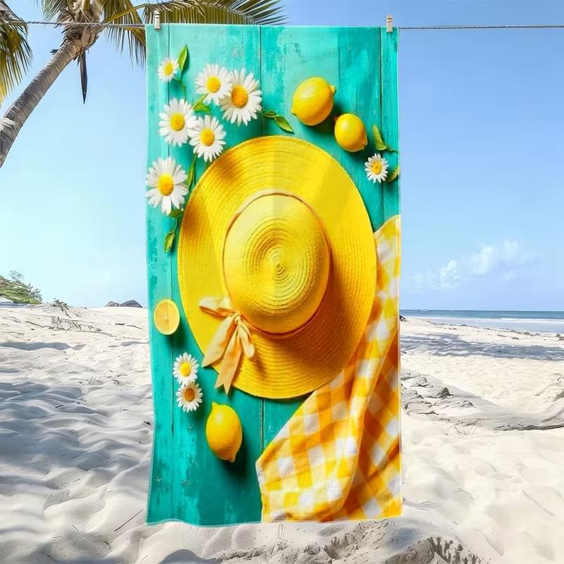 Summer Lemon Daisy Beach Towel Bright Yellow Hat Print Quick Dry Soft Absorbent Towel for Beach Pool Vacation