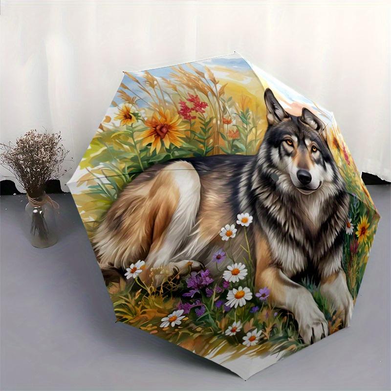 1 Stück Wolfs Friedliche Ruhe inmitten der Fülle der Natur Automatischer Faltregenschirm - 3-fach faltbares Design, Lebhaftes Cartoon-Muster, Geeignet für Outdoor-Aktivitäten
