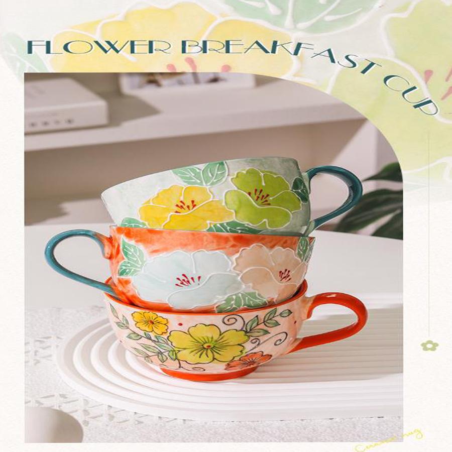 Rustikale handbemalte florale Keramik-Frühstückstasse, 500 ml Fassungsvermögen, Kaffeetasse mit buntem floralem Muster, Haushaltsmilchtasse