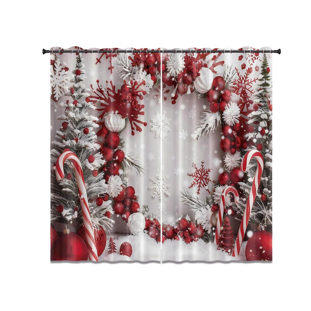 2pcs Christmas wreath print blackout curtains multiple size living room insulation decoration machine washable easy to install