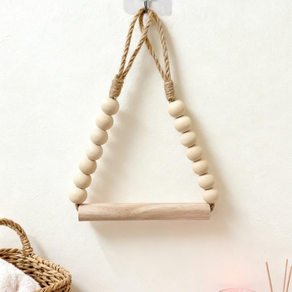 No Drill Hemp Rope Wooden Bead Design Toilet Paper Holder with Self Adhesive Hook Toilet Roll Holder Bathroom Accessories 1PC