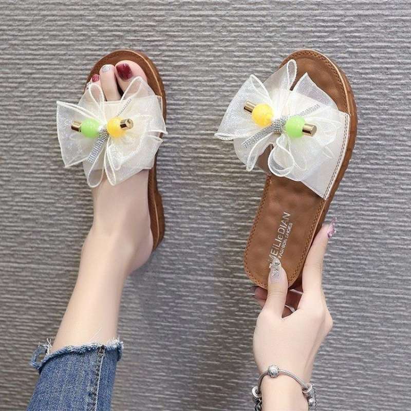 2025 New Korean Version of Versatile Soft-soled Slippers Women's Summer Bow Flat-bottomed Fashion Pregnant Women Wear Cool Slippers