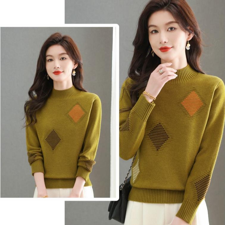 Solid-color Sweater Women's Trendy Casual Long-sleeved Knitted Sweater Loose Half Turtleneck Pullover Autumn and Winter Top