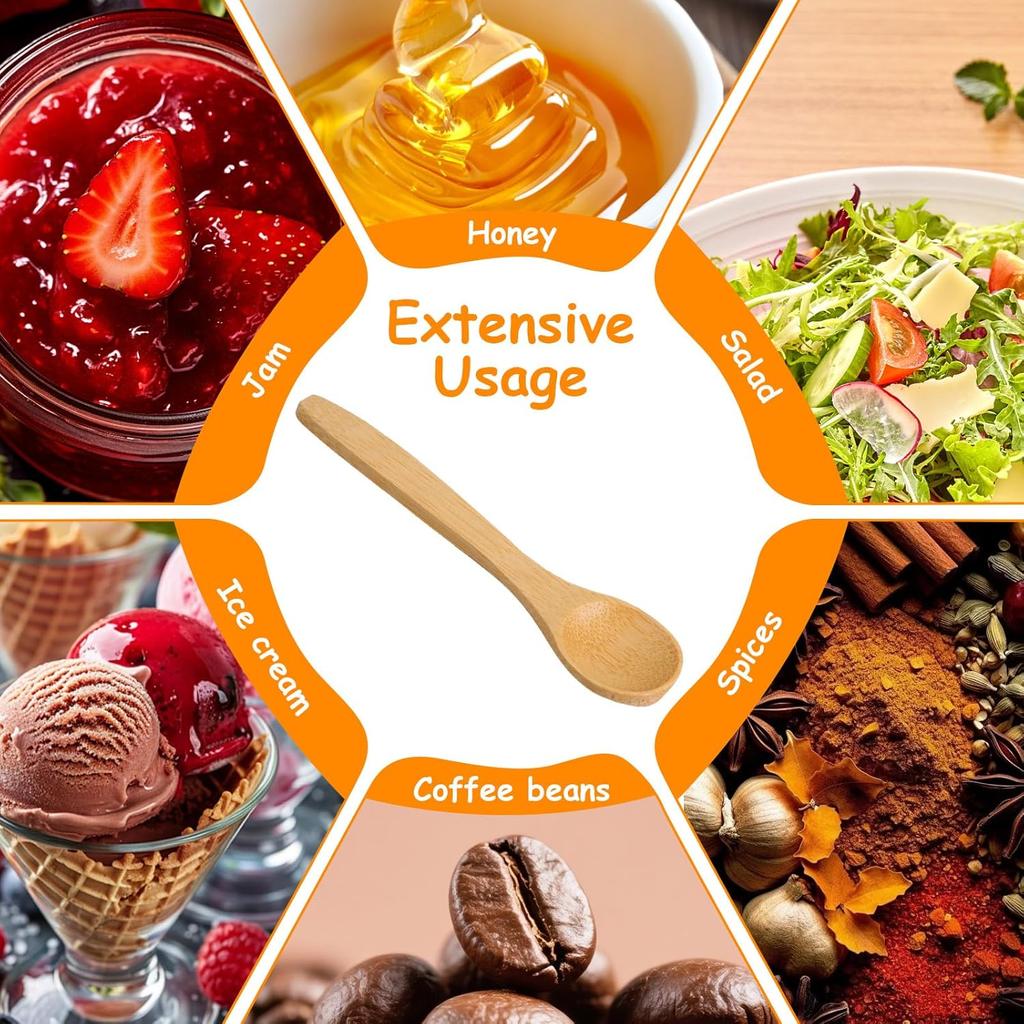 6PCS Bamboo Spoons, Mini Wooden Spoons 5.12 Inch, Multi-purpose Small Teaspoons for Condiments Spices Honey Ice Cream Coffee Kitchen & Serving
