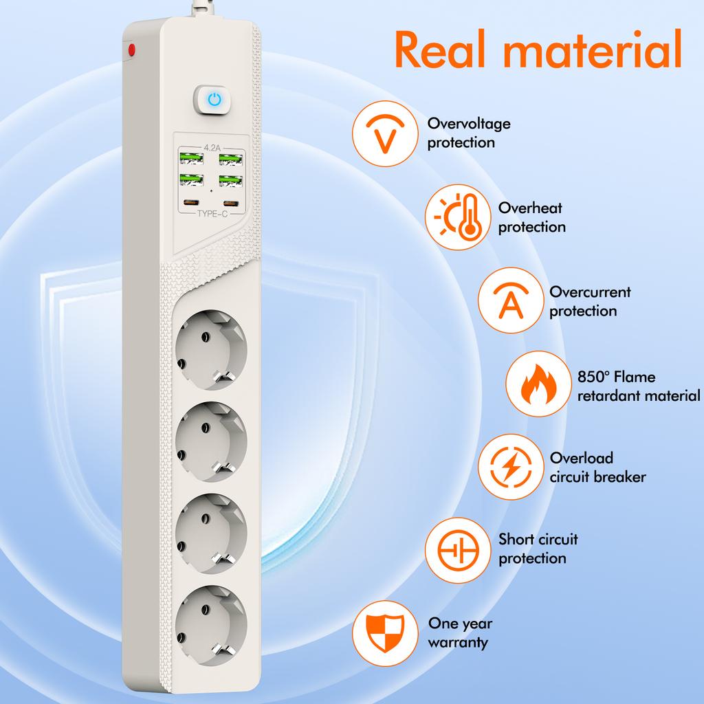 Priză multiplă cu protecție la suprasarcină, priză multiplă cu 4 prize AC, 4 porturi USB-A, 2 porturi USB-C, filtru de rețea pentru casă