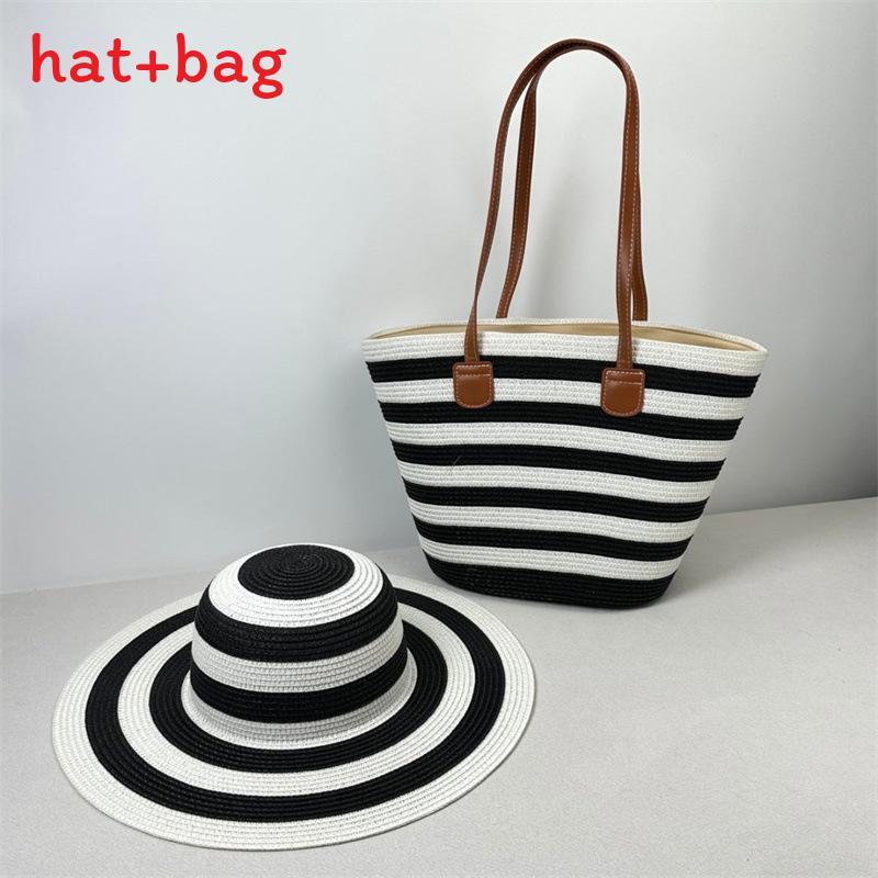 Woven Sun Hat And Large Capacity Straw Tote With Striped Pattern For Travel And Casual Wear