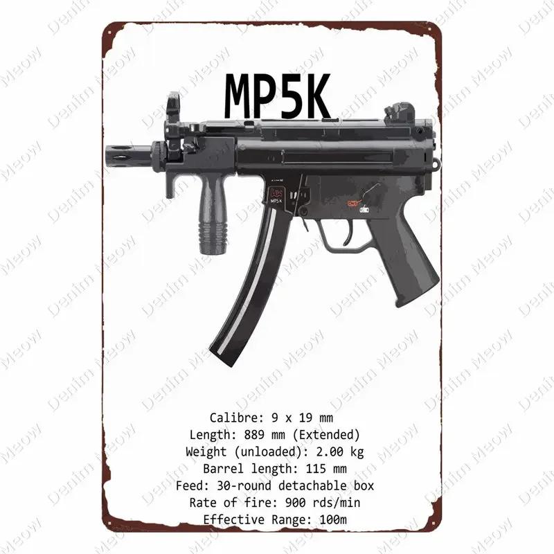 Plaque Métallique Vintage Uzi - Plaque Étain Pistolet Fusil, Décoration pour Fans Militaires Bar Club Café Pièce, Peinture Art Mural