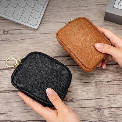 Faux Leather Coin Purse, Rounded Coin Pouch, Zippered Change Purse with Key Ring, Keychain Pouch for Coins Cards Cash