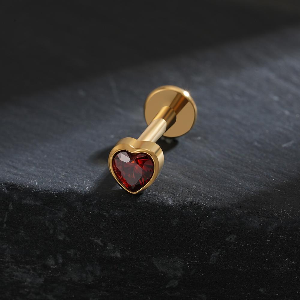 Right Grand ASTM F136 Titanium Heart Shaped CZ Flat Back Labret Stud 16G Garnet Cartilage Helix Ear Piercing Halloween Jewelry