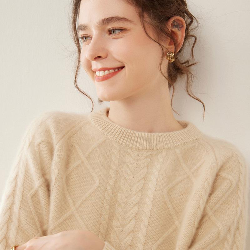 Women's Thickened Cashmere Raglan Sweater - Long Sleeve Jacquard Knit Pullover with Round Neck