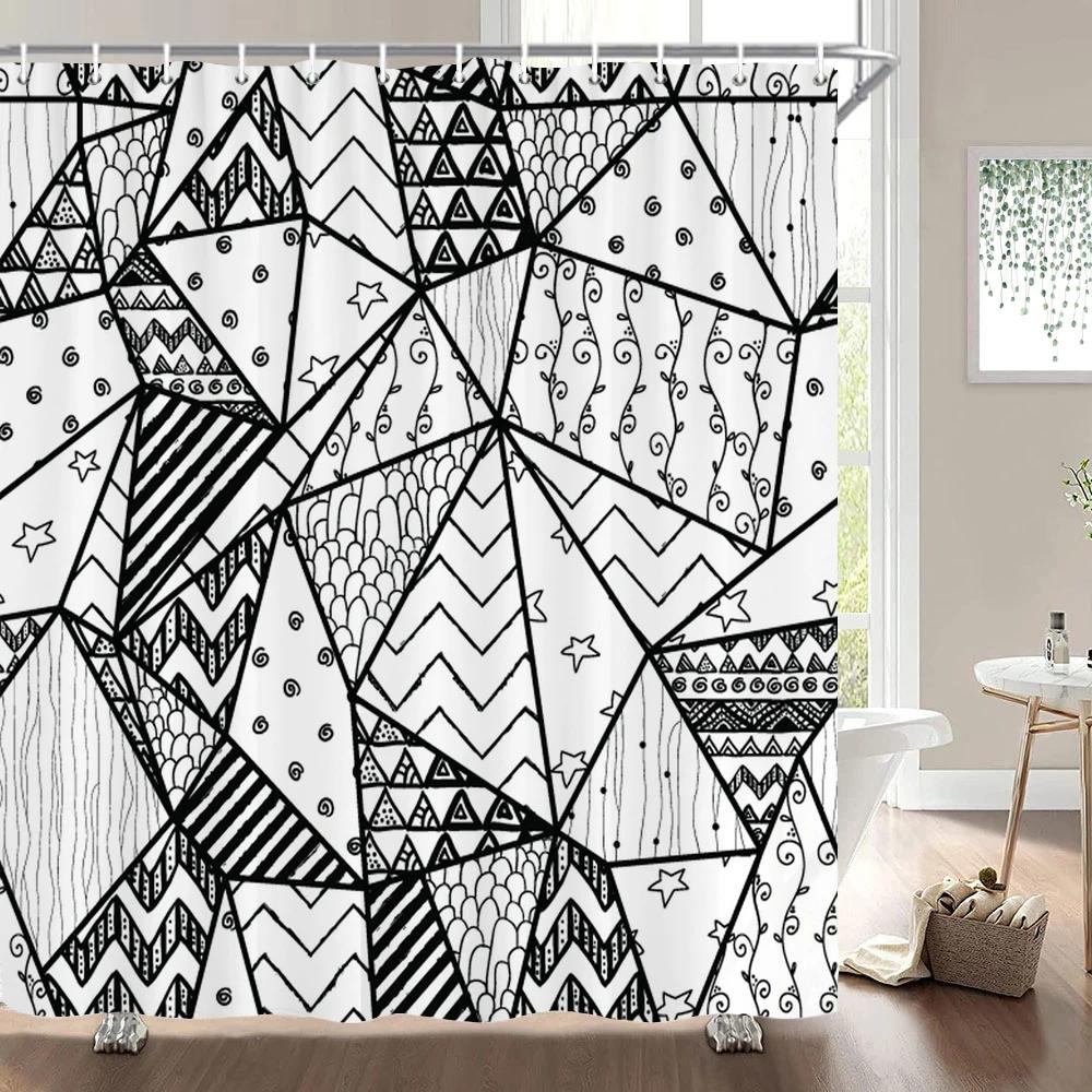 1 Pc Black White Geometric Print Polyester Shower Curtain Waterproof Fabric Partition Bathroom Curtain ,Decoration Bath Curtain