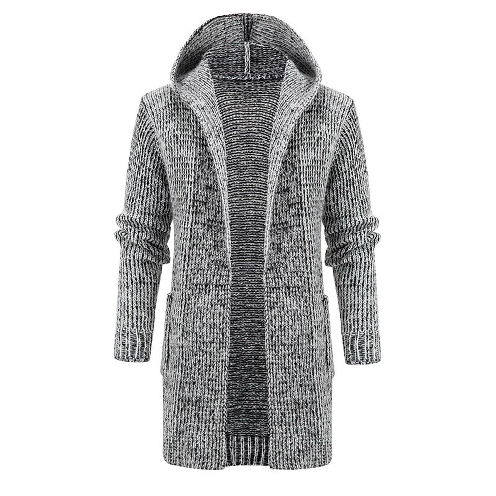 Cardigan lungo antivento con cappuccio in maglia tinta unita da uomo, maglione di media lunghezza