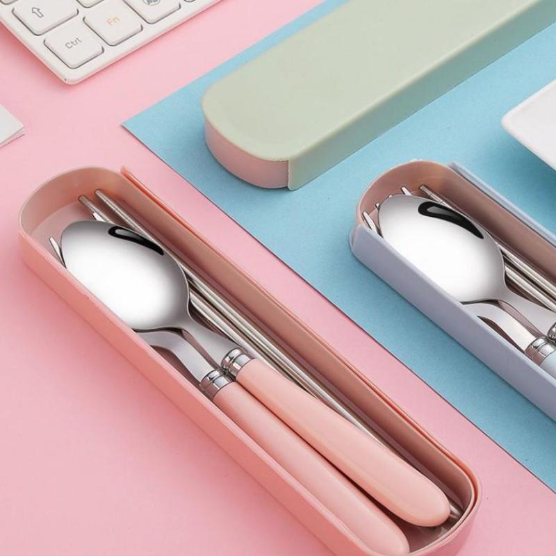 Stainless Steel Portable Student Tableware Outdoor Travel Lunch Box Spoon Fork Chopsticks Set With Storage Case Adult Gift