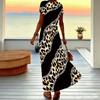 Women Plus Size V Neck Short Sleeve Maxi Dress Turquoise Vertical Leopard Print Loose Summer Vacation Long Dress