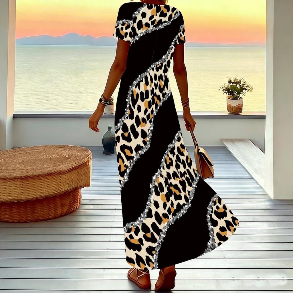 Women Plus Size V Neck Short Sleeve Maxi Dress Turquoise Vertical Leopard Print Loose Summer Vacation Long Dress