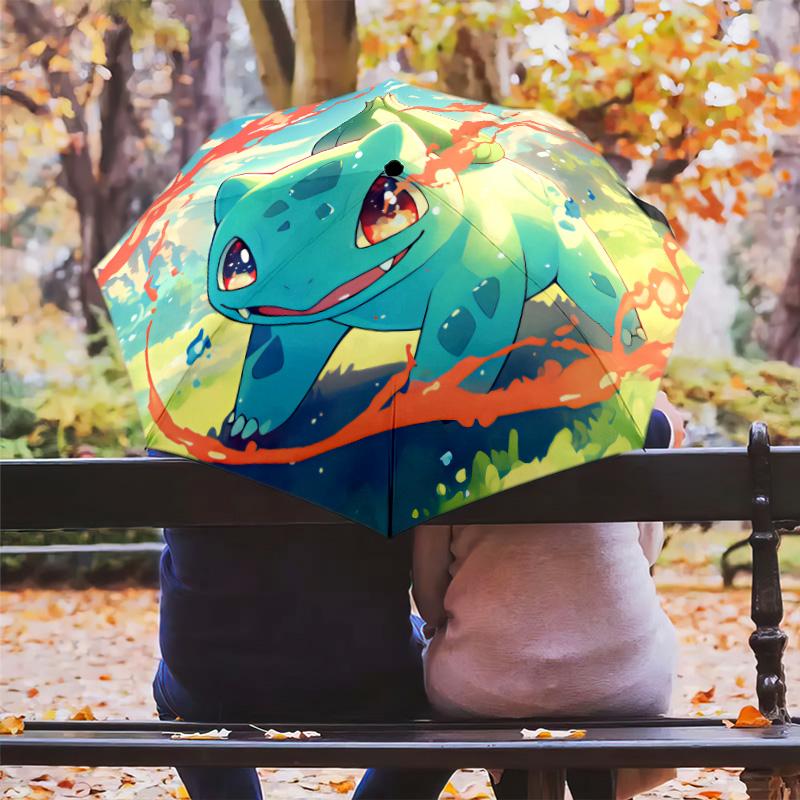 Bulbasaur-Muster, automatisch faltbarer Regenschirm, tragbares und faltbares Design, 8 Speichen, ein Weihnachts- oder Geburtstagsgeschenk.