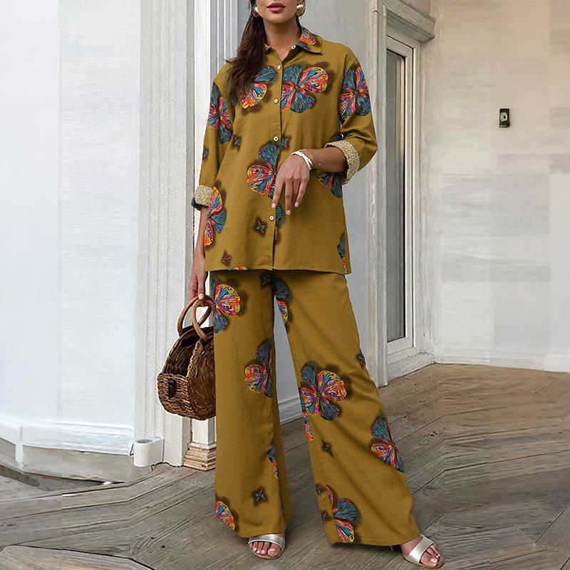 

ZANZEA Женский комплект из блузки с длинным рукавом и брюк с цветочным принтом, костюм-двойка 5XL жёлтый