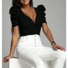 Verano Nuevo Mujer Manga Abullonada Manga Corta Color Sólido Simple Versátil Delgado Cuello en V Camiseta Top
