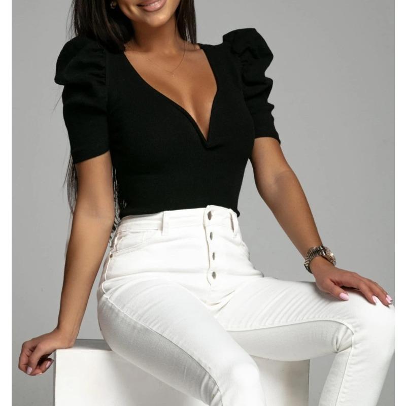 Verano Nuevo Mujer Manga Abullonada Manga Corta Color Sólido Simple Versátil Delgado Cuello en V Camiseta Top
