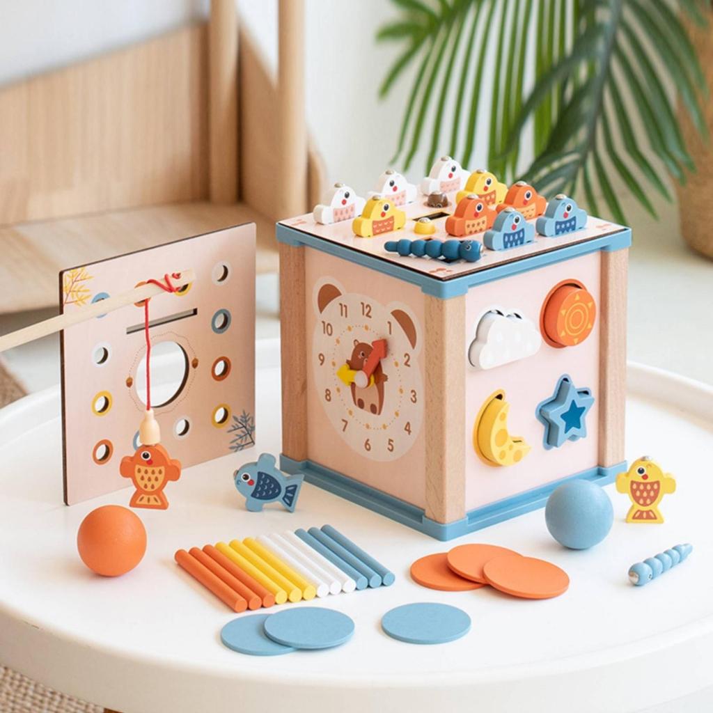 Wooden Activity Cube with Shape Sorter FineMotor Educational Center Early Learning