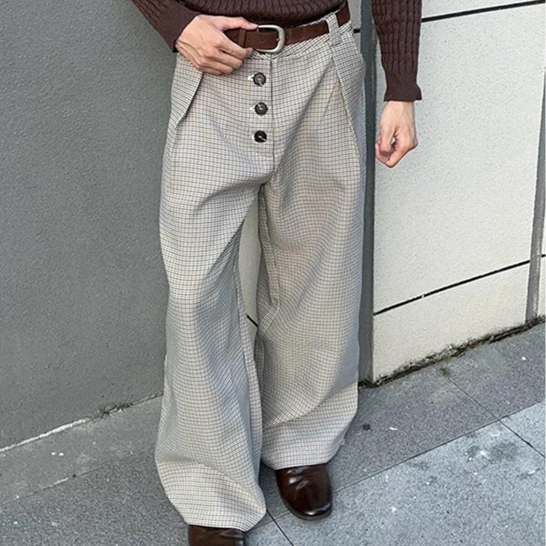 

Retro Wide-Leg Button-Up Casual Suit Pants for Men and Women - Early Autumn Style L хаки