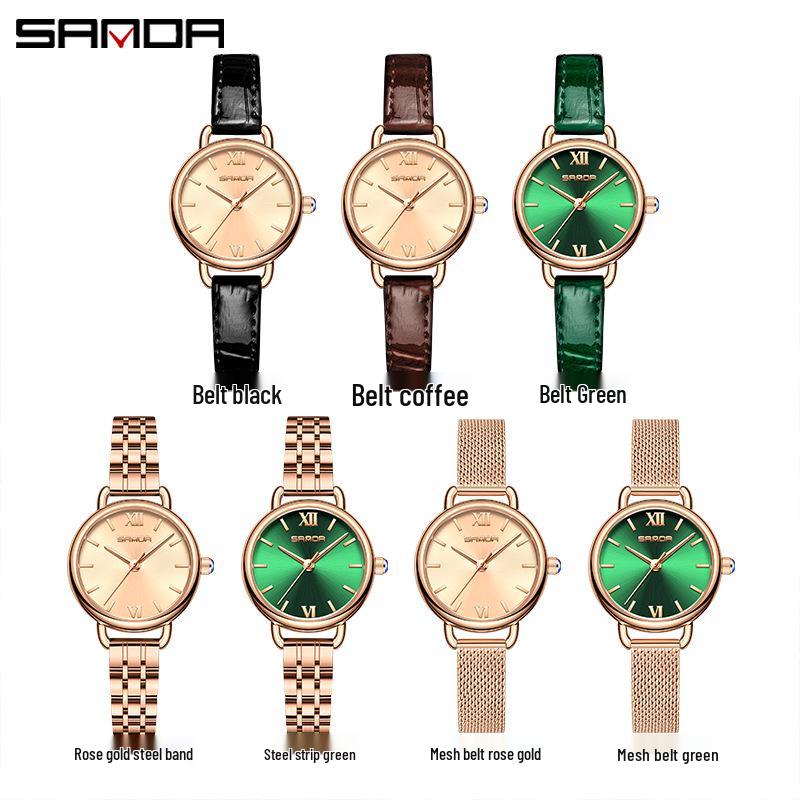 Sanda Women's Fashionable Quartz Watch - Simple Ins Style, Light Luxury, Small Round Green Design