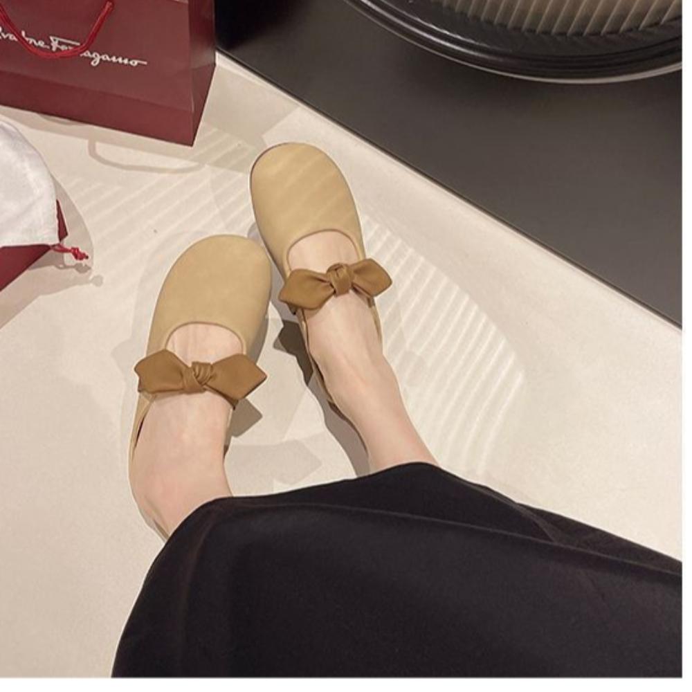 Girls' Flat Leather Bow Style Hooded Slippers