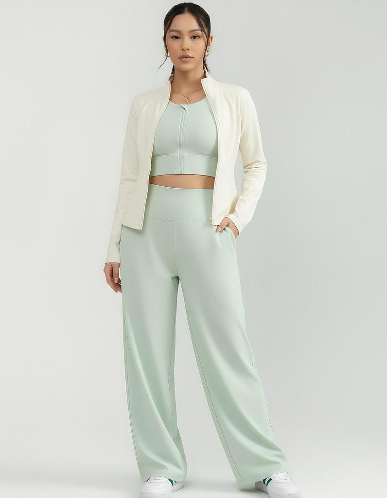 Light Green Front Zip Sports Bra with Fixed Pad: Shockproof and Stylish for Women