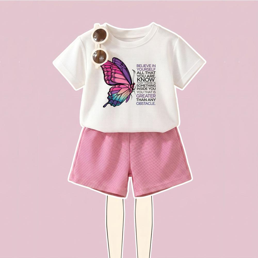 Summer Breathable Waffle Girls Fashion Outfits Kids T Shirt and Shorts 2pcs Sets Sport Running