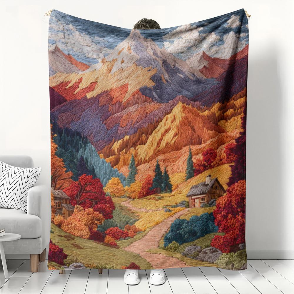 

Autumn Mountain Embroidery Style Flannel printed blanket suitable all seasons suitable for living room office sofa and travel 75x90cm