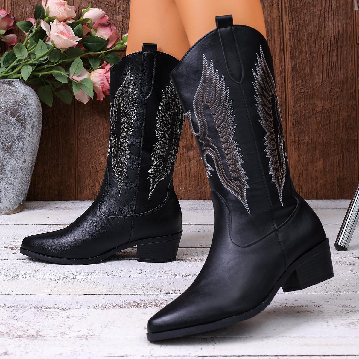 

Autumn foreign trade fashion rough embroidery women s high-heeled western boots 43