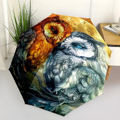 Owl, Yin Yang Themed Automatic Opening and Closing Umbrella, Portable Tri Fold Small Umbrella for Men and Women,Gift0725002z