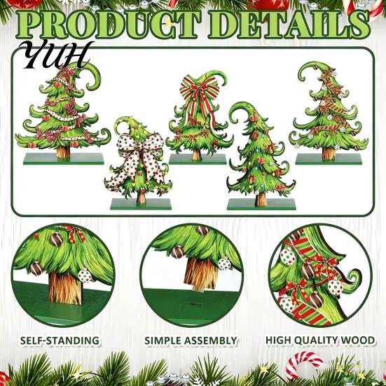 Vintage Cartoon Style Ornaments 5 Pcs Wooden Tabletop Christmas Tree Signs, Rustic Standing Green Festive Party Table Decorations Desktop Ornament