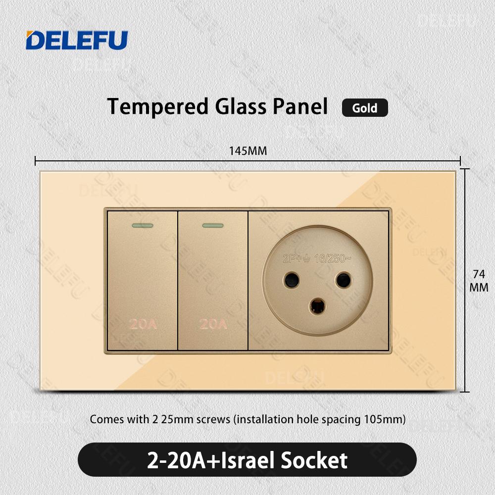DELEFU Glass SC70 Panel 145mm Gold Israeli Standard USB C-type Fast Charging Wall Socket Switch TV Phone CAT5 CAT6