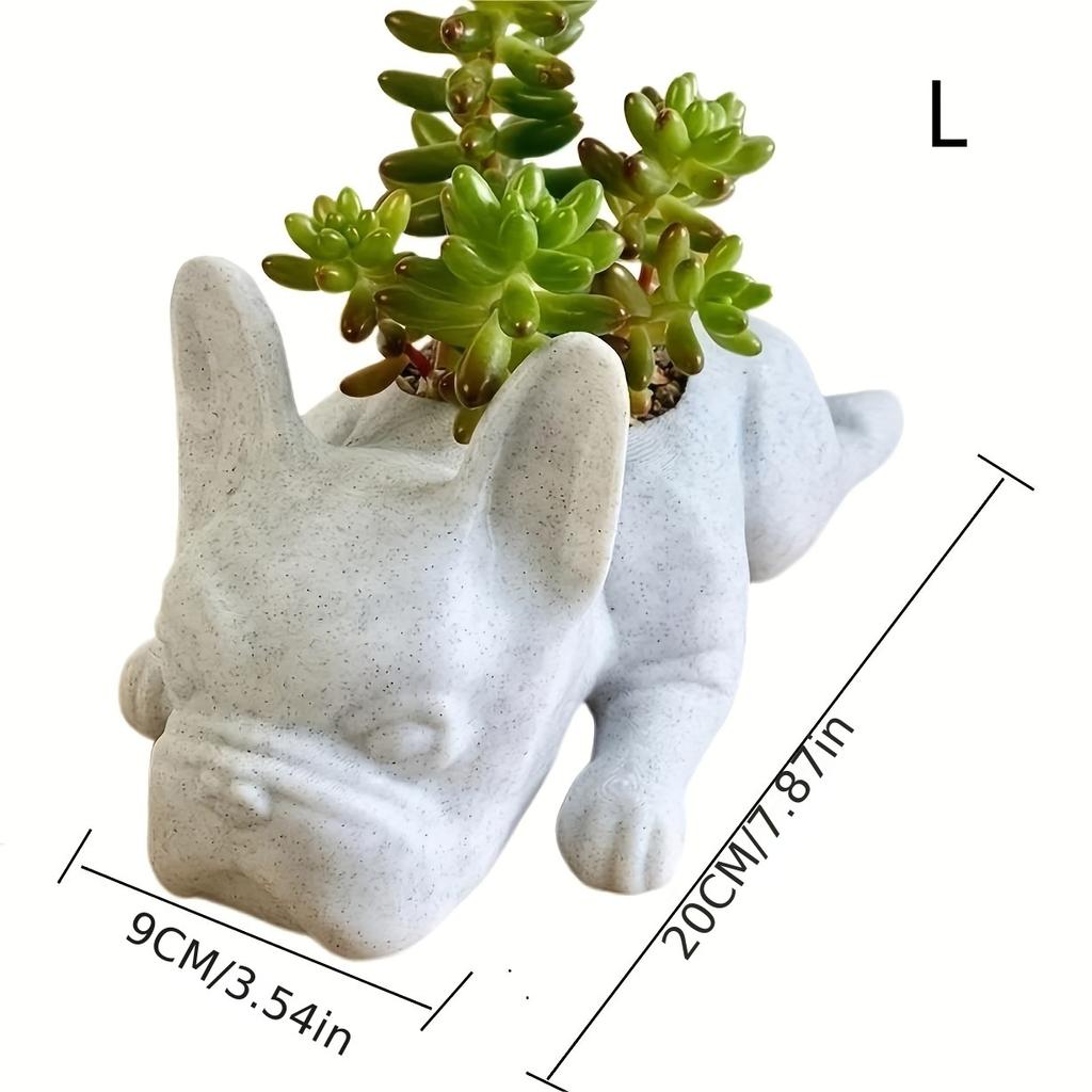 French Bulldog Succulent Planter Flowerpot Puppy Dog Statue Flower Pot with Drainage Hole Resin Ornament for Home Office Garden