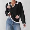 Women Solid Color Floral Embroidered Sweater Contrast Polo Collar Long Sleeve Loose Fit Knit Top