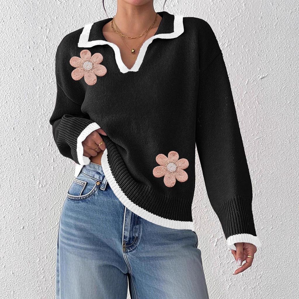 Women Solid Color Floral Embroidered Sweater Contrast Polo Collar Long Sleeve Loose Fit Knit Top