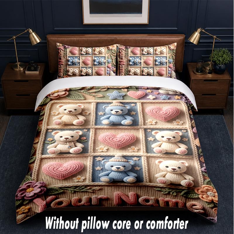 Set Biancheria da Letto a Tema Orsacchiotto con Testo o Nome Personalizzato, 3 Pezzi, 1 Lenzuolo Sotto con Angoli & 2 Federe, Biancheria da Letto Personalizzata per la Casa