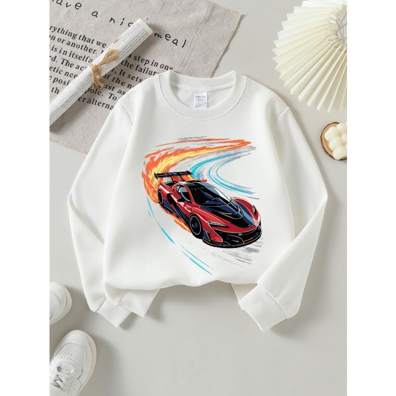 European sizes Red Sports Car Flame Design Girls' Crew Neck Sweatshirt, Autumn Winter, Western Style, Long-Sleeved, Casual Colors for Young Girls.