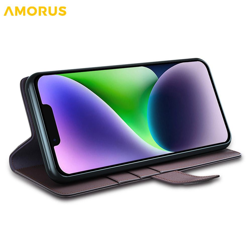 For iPhone 15 Stand Cases Calf Texture Genuine Split Leather Wallet Phone Cover