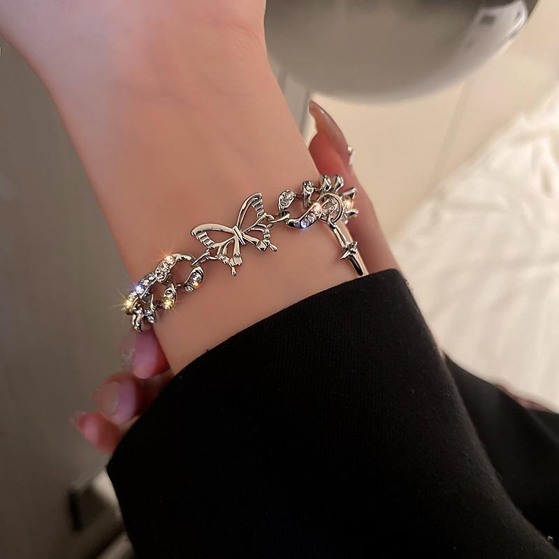 Women Exaggerated Fashion Personality Rhinestone Butterfly Cross Bracelet Hand Jewelry
