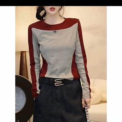 Autumn/Winter 2025 Women's Colorblock Slim Fit Long Sleeve T-Shirt
