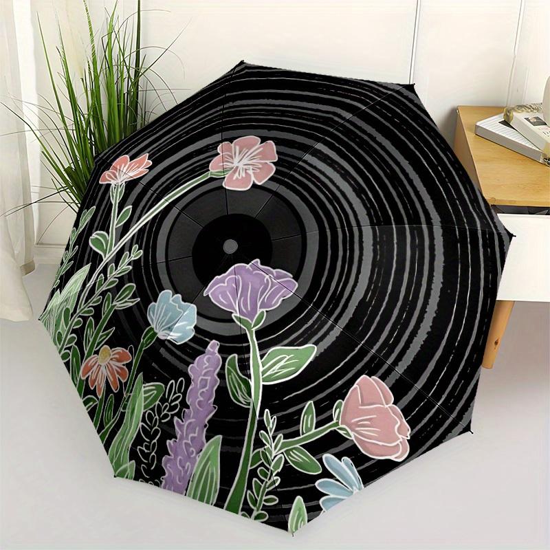 1pc Vinyl Record Flowers Automatic Open/Close Umbrella, Umbrella with Cartoon Design, Portable Compact Umbrella for Men & Women, Good Holida