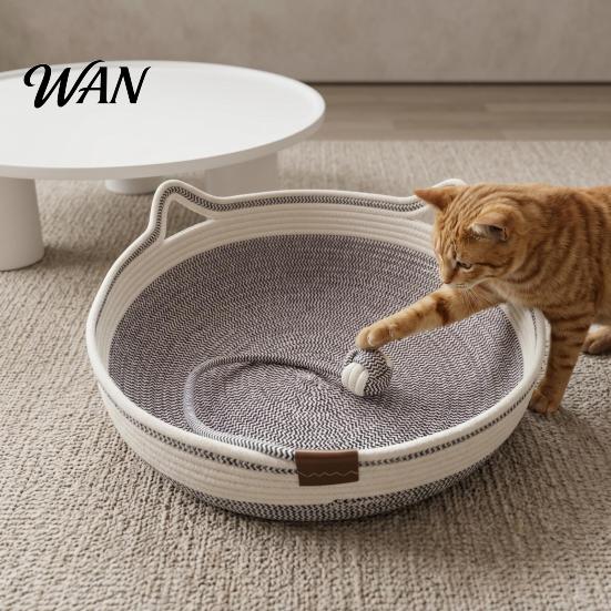 All Season Cat Bed Woven Basket Cotton Rope Handwoven with Ears Soft Sleeping Nest Toy Ball Breathable Pet for Indoor Medium Large Cats Seasons